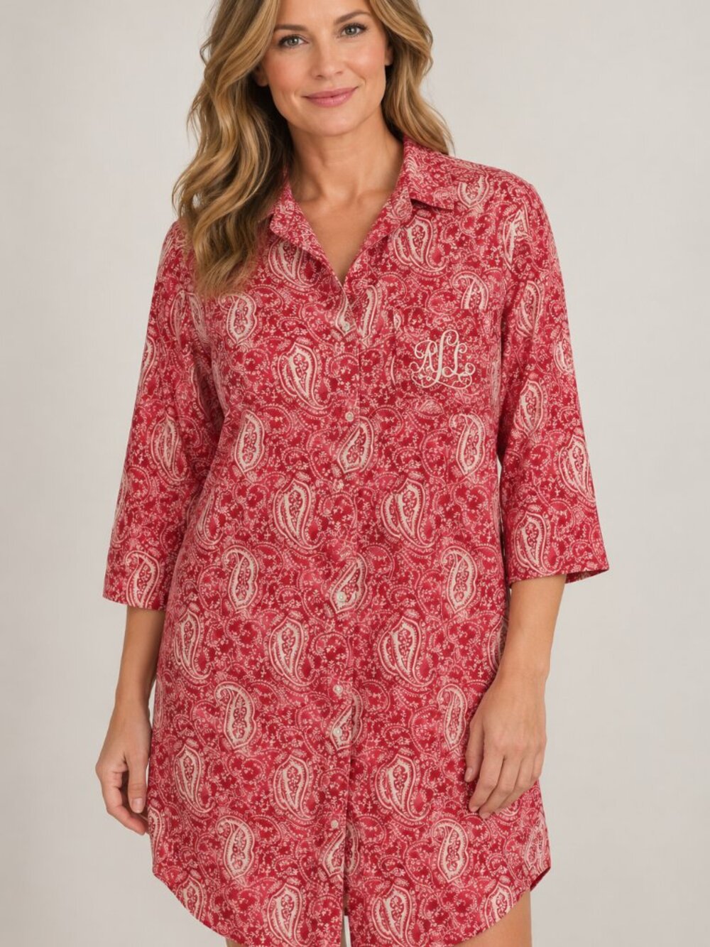 Lauren Ralph Lauren Women’s L Red Paisley 3/4 Sleeve Button Front Nightshirt